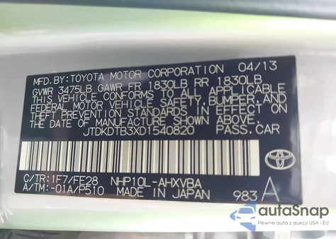 2013 Toyota Prius C One from USA, damaged, VIN JTDKDTB3XD1540820